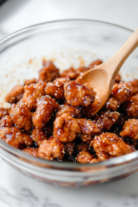A glass mixing bowl on a white marble cooktop filled with crispy fried chicken, as a rich, caramelized honey sesame sauce is poured over it. A wooden spoon tosses the chicken, evenly coating each piece with the flavorful glaze.