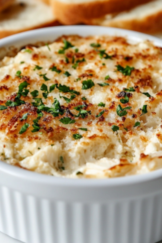 A chilled crab dip served in a white bowl on the white marble cooktop, surrounded by crispy crackers, fresh veggies, and slices of bread. The dip is creamy and ready to be enjoyed as a delicious appetizer.