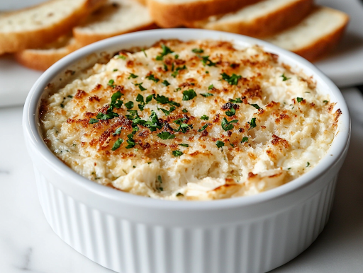 A chilled crab dip served in a white bowl on the white marble cooktop, surrounded by crispy crackers, fresh veggies, and slices of bread. The dip is creamy and ready to be enjoyed as a delicious appetizer.