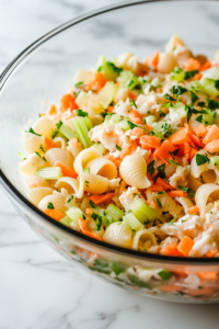 A large glass mixing bowl on the white marble cooktop containing cooked pasta shells, chopped imitation crab meat, finely chopped celery, and shredded carrots. The ingredients are evenly distributed, showcasing a colorful mix.