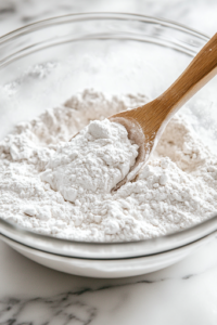 A close-up of the wet ingredients being gradually poured into the dry ingredients in a glass mixing bowl on a white marble cooktop. A wooden spoon gently stirs the mixture, leaving the batter slightly lumpy for a light and fluffy texture.