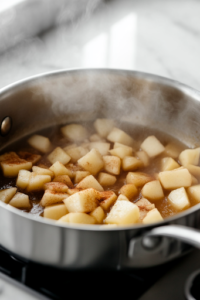 A close-up of a stainless steel saucepan on a white marble cooktop, where diced apples, sugar, cinnamon, nutmeg, and cornstarch are being stirred together. The mixture begins to soften and caramelize, releasing a sweet aroma as steam rises.