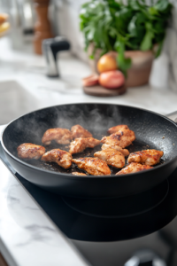 A close-up shot of a black skillet on a white marble cooktop, with marinated chicken pieces sizzling over medium heat, turning crispy and golden brown on both sides, filling the kitchen with a rich aroma.