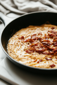 A close-up shot of a black skillet on a white marble cooktop, where thick-cut bacon slices are sizzling in their own rendered fat. The bacon is cooked until crispy, then crumbled onto a small plate, leaving a glossy layer of grease in the skillet, ready to enhance the flavors of the Chicken Pasta with Creamy Ranch Sauce.