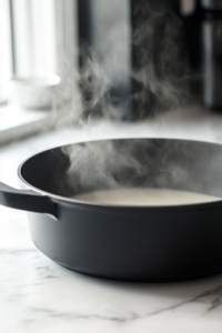 A large black pot on the white marble cooktop holds hot vegetable oil and flour being whisked together. The roux gradually darkens to a rich, deep brown color, with wisps of steam rising, creating a flavorful base for the gumbo.