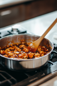 A stainless steel saucepan on a white marble cooktop filled with a bubbling mixture of rice vinegar, honey, sweet chili sauce, ketchup, brown sugar, and soy sauce. A wooden spoon stirs the thickening, glossy sauce, preparing it to coat the crispy chicken.