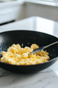 A black wok on a white marble cooktop where scrambled eggs are gently cooking. Their soft, golden texture forms delicate folds as a spatula moves through them, ensuring they cook evenly.