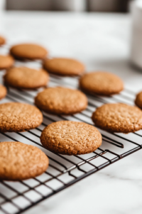 A close-up of freshly baked golden-brown spiced currant cookies cooling on a wire rack on the white marble cooktop. The cookies have crisp edges and a soft center, ready to be enjoyed with a steaming cup of tea or hot chocolate.