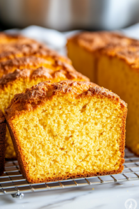 A close-up shot of the freshly baked bread cooling on a wire rack placed on the white marble cooktop. The crust is golden brown, and a few slices are cut, revealing the soft, fluffy interior, making it ready to be enjoyed with butter or jam.