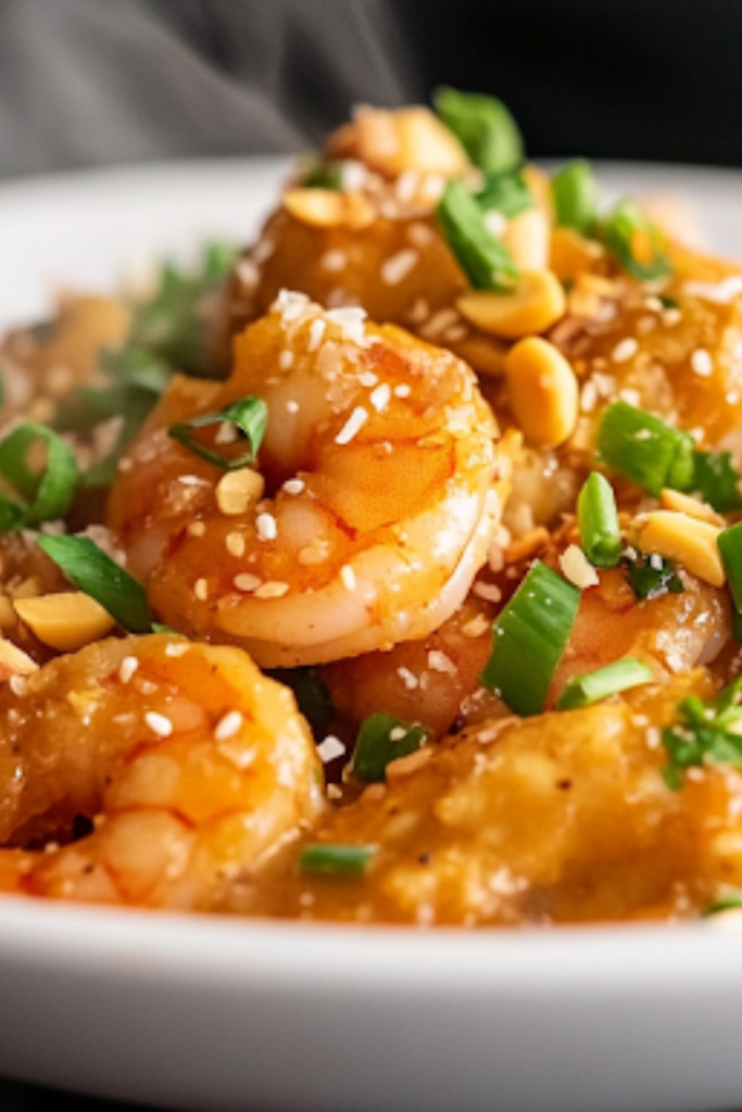 A close-up shot of a steaming plate of Coconut Curry Chicken and Shrimp, served over fluffy white rice. The dish is garnished with toasted coconut, chopped peanuts, green onions, and a sprinkle of sesame seeds, ready to be enjoyed.