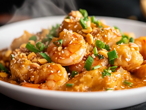 A close-up shot of a steaming plate of Coconut Curry Chicken and Shrimp, served over fluffy white rice. The dish is garnished with toasted coconut, chopped peanuts, green onions, and a sprinkle of sesame seeds, ready to be enjoyed.