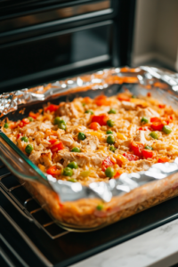 A close-up shot of a glass baking dish on a white marble cooktop, covered with foil and placed inside the preheated oven, where the Chicken Fajita Rice Casserole will bake for 25 minutes, allowing the flavors to blend and the rice to absorb the broth.