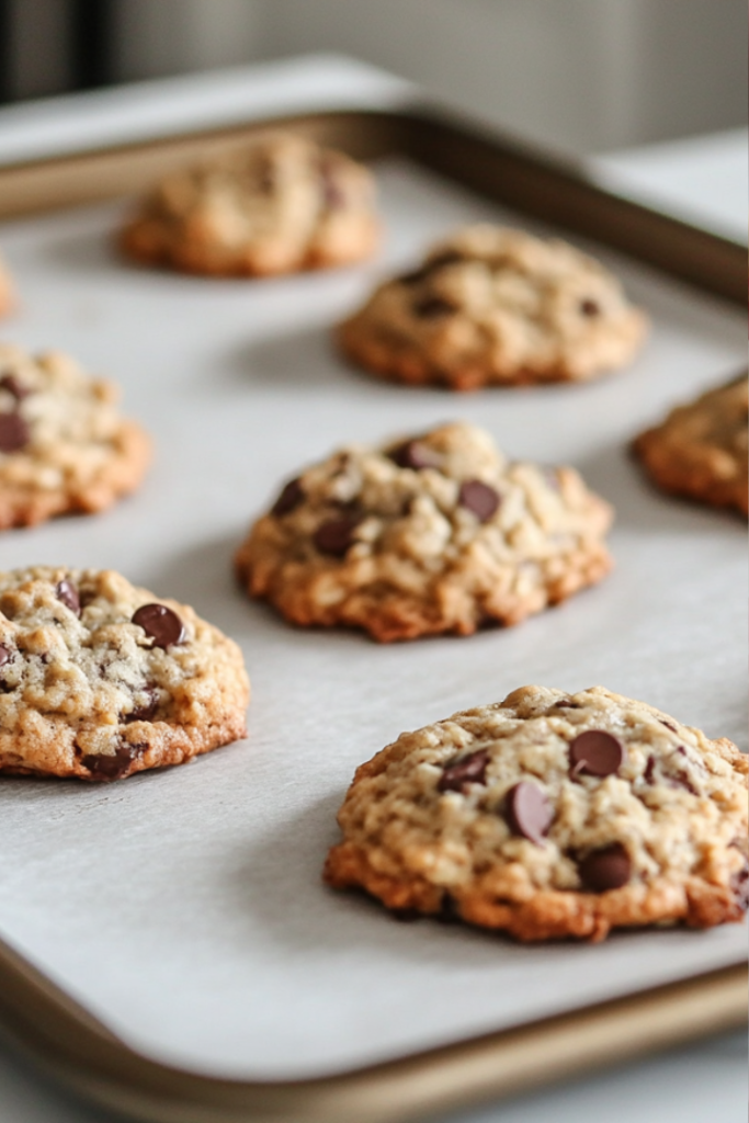 Close-up shot of warm chocolate chip oatmeal cookies cooling on a wire rack over the white marble cooktop. A single cookie is broken in half, revealing the gooey chocolate inside.