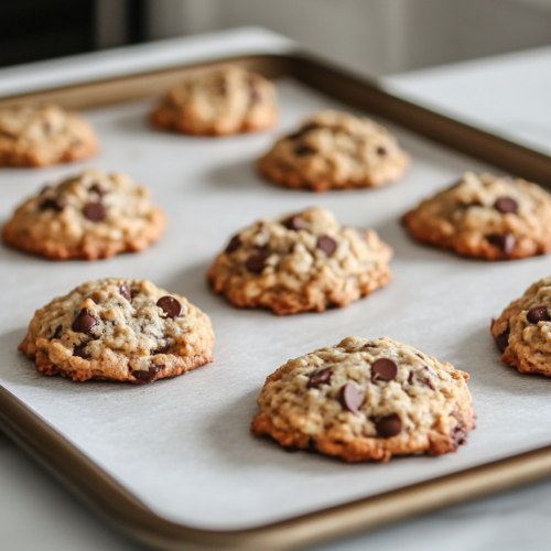 Close-up shot of warm chocolate chip oatmeal cookies cooling on a wire rack over the white marble cooktop. A single cookie is broken in half, revealing the gooey chocolate inside.