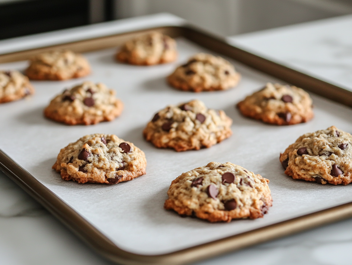 Close-up shot of warm chocolate chip oatmeal cookies cooling on a wire rack over the white marble cooktop. A single cookie is broken in half, revealing the gooey chocolate inside.