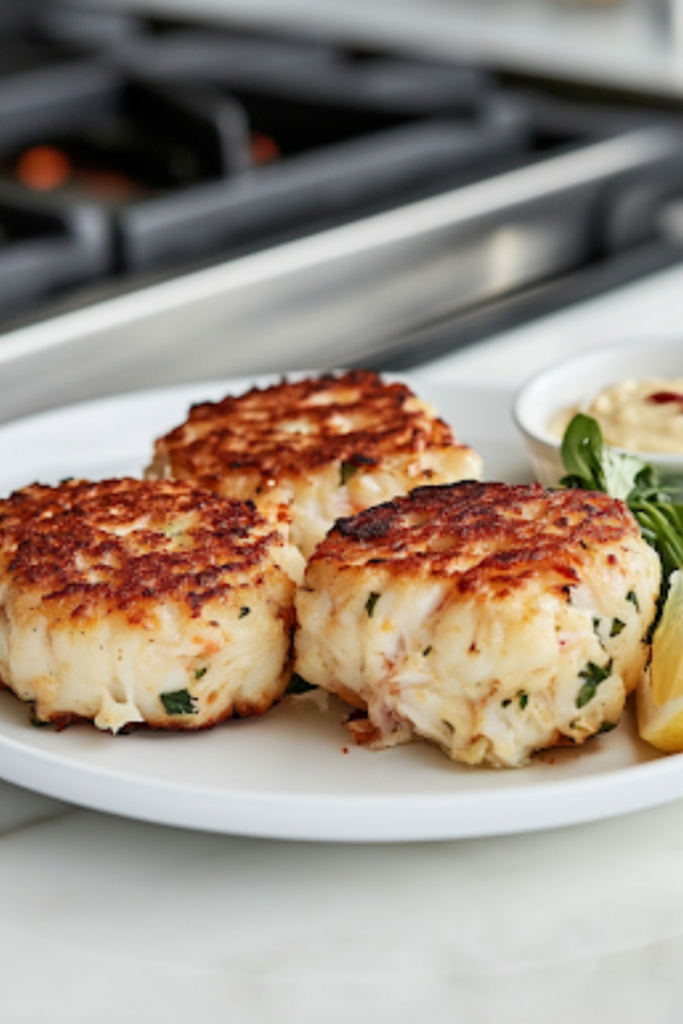 Plated crab cakes on a white plate over a white marble cooktop, garnished with a fresh wedge of lemon and a small dish of tartar sauce. The crab cakes have a crispy, golden crust and are ready to be enjoyed.
