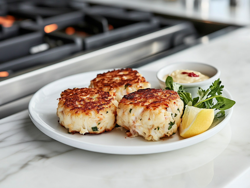 Plated crab cakes on a white plate over a white marble cooktop, garnished with a fresh wedge of lemon and a small dish of tartar sauce. The crab cakes have a crispy, golden crust and are ready to be enjoyed.