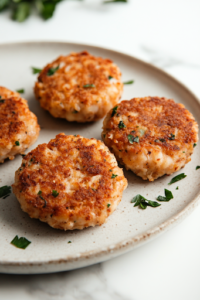 Freshly cooked golden-brown crab cakes being lifted from a black frying pan with a spatula. They are placed on a paper towel-lined plate over the white marble cooktop to absorb excess oil before serving.