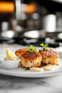 Plated crab cakes on a white plate over a white marble cooktop, garnished with a fresh wedge of lemon and a small dish of tartar sauce. The crab cakes have a crispy, golden crust and are ready to be enjoyed.