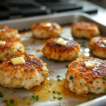 Close-up of golden-brown crab cakes on a greased baking sheet on the white marble cooktop, fresh out of the oven at 400°F, with small pats of melted butter glistening on top.