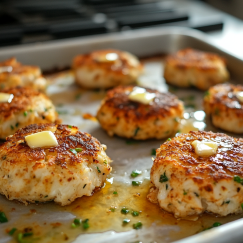 Close-up of golden-brown crab cakes on a greased baking sheet on the white marble cooktop, fresh out of the oven at 400°F, with small pats of melted butter glistening on top.
