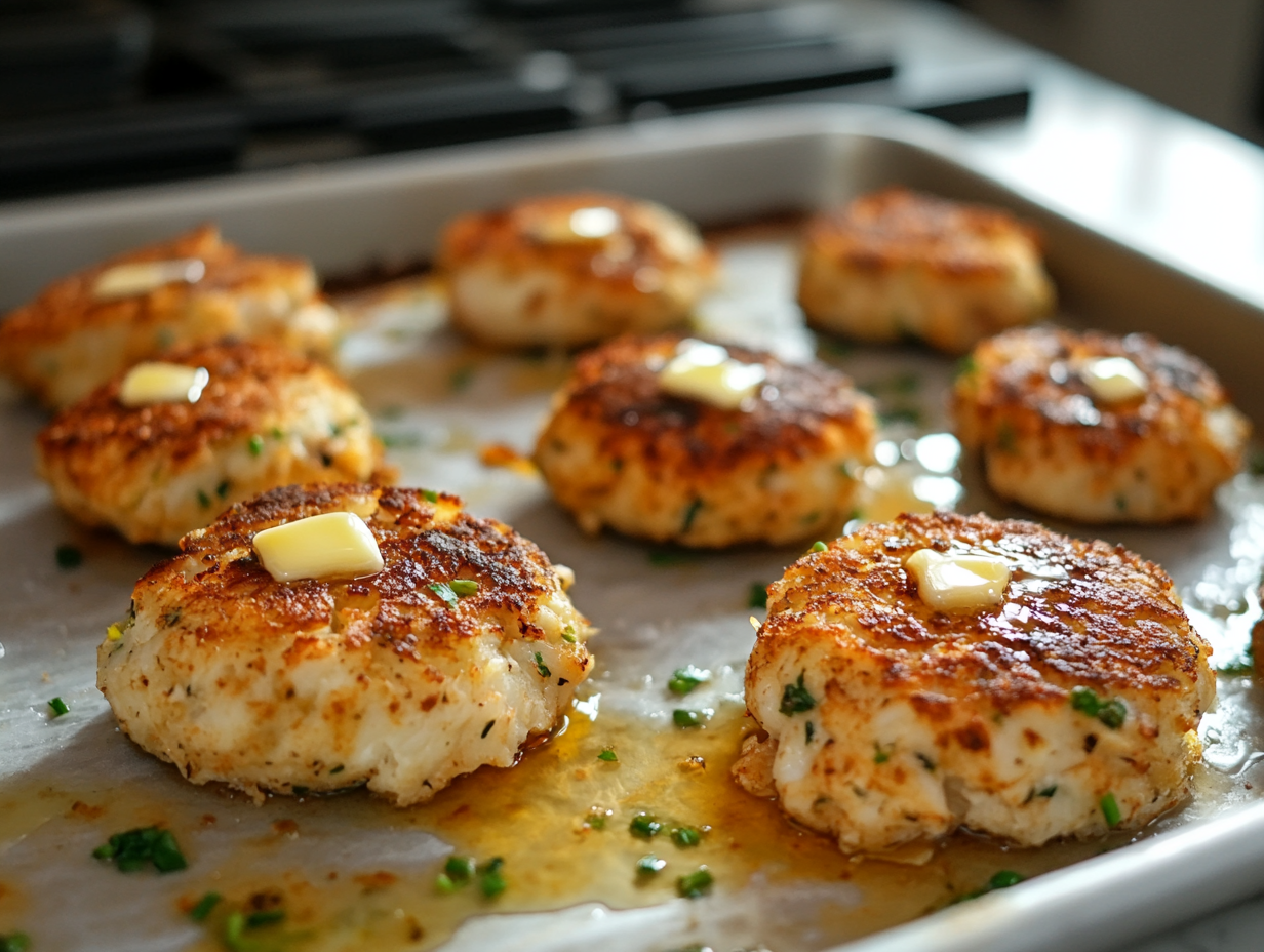 Close-up of golden-brown crab cakes on a greased baking sheet on the white marble cooktop, fresh out of the oven at 400°F, with small pats of melted butter glistening on top.