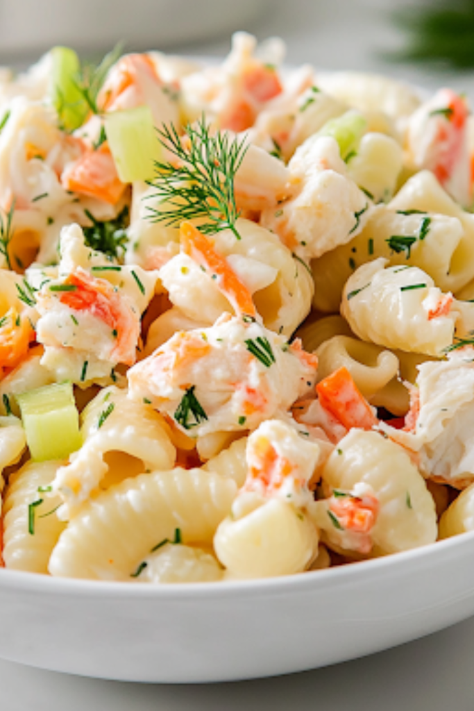 A serving bowl filled with freshly made crab pasta salad, garnished with sprigs of fresh dill. The bowl is placed on the white marble cooktop, with a spoon resting beside it, ready for serving.