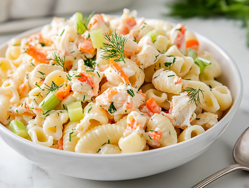A serving bowl filled with freshly made crab pasta salad, garnished with sprigs of fresh dill. The bowl is placed on the white marble cooktop, with a spoon resting beside it, ready for serving.