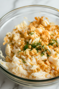 A glass mixing bowl on a white marble cooktop with crabmeat and crushed buttery round crackers being gently folded into the egg mixture. The crab is carefully mixed to maintain its texture while ensuring even coating with the wet ingredients.