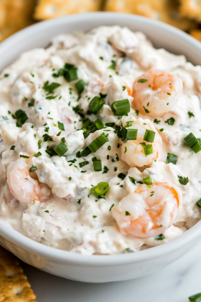 A close-up shot of a chilled serving bowl filled with creamy crab and shrimp dip on the white marble cooktop. The dip is garnished with extra chopped green onions and is surrounded by an assortment of crackers and toasted bread.