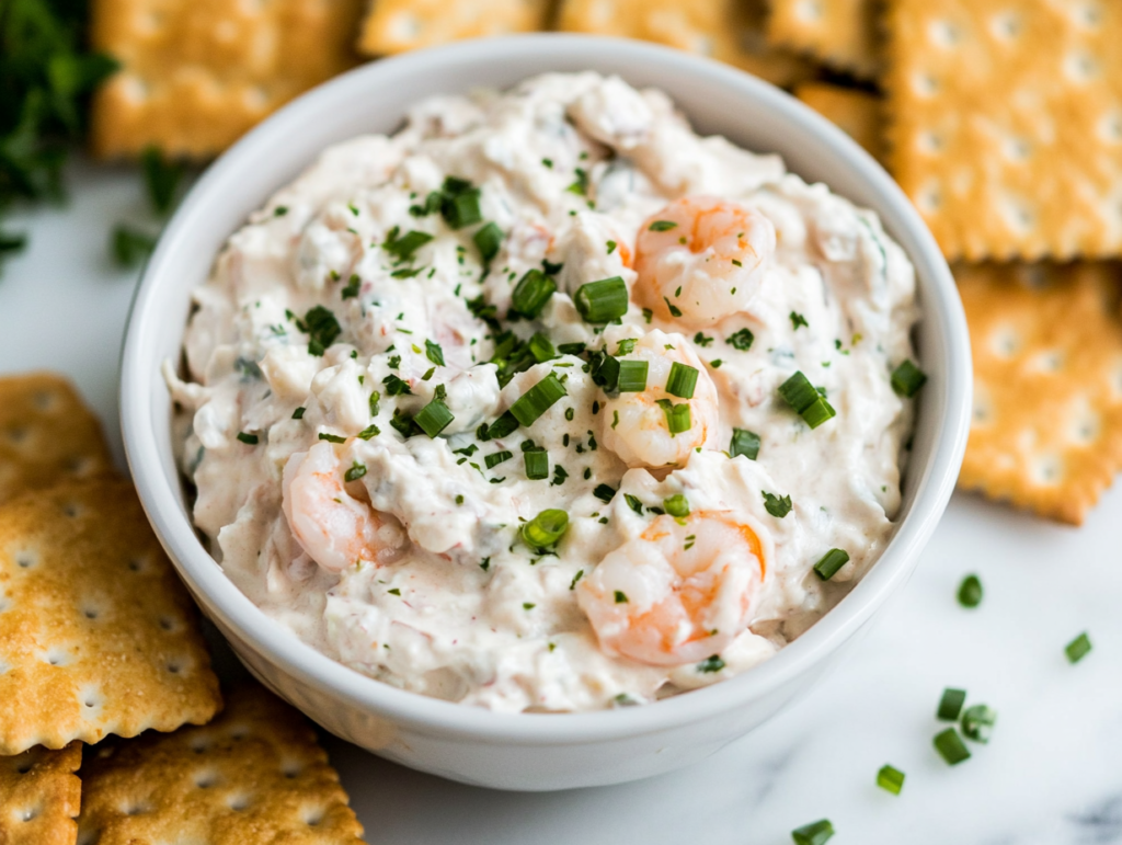 A close-up shot of a chilled serving bowl filled with creamy crab and shrimp dip on the white marble cooktop. The dip is garnished with extra chopped green onions and is surrounded by an assortment of crackers and toasted bread.A close-up shot of a chilled serving bowl filled with creamy crab and shrimp dip on the white marble cooktop. The dip is garnished with extra chopped green onions and is surrounded by an assortment of crackers and toasted bread.