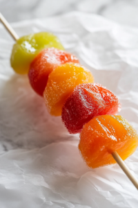 A close-up shot of a completed Candied Fruit Skewer being lifted from the parchment paper on the white marble cooktop. The glossy sugar shell glistens under the light, cracking slightly as it's ready to be enjoyed, revealing the fresh, juicy fruit inside.