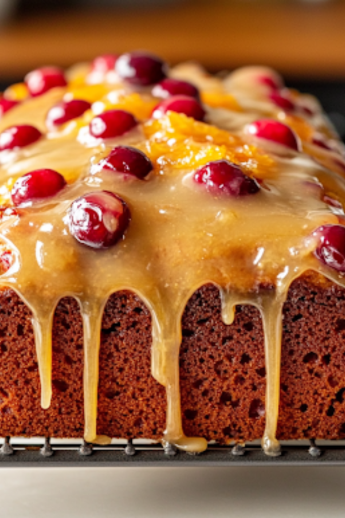 A close-up shot of the cooled cranberry orange loaf placed on a wire rack over the white marble cooktop, as a spoon drizzles a thick, glossy orange glaze over the top. The glaze cascades down the sides, adding a sweet and citrusy finishing touch.