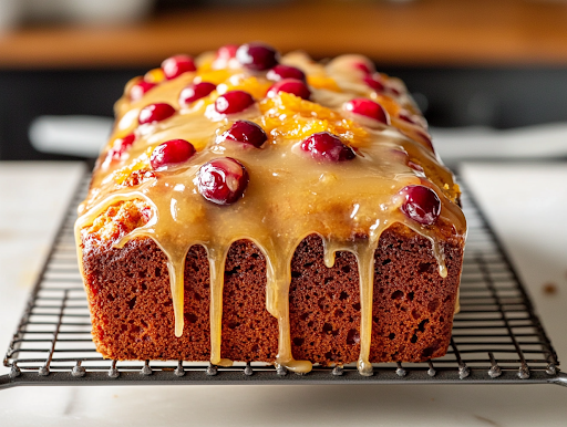 A close-up shot of the cooled cranberry orange loaf placed on a wire rack over the white marble cooktop, as a spoon drizzles a thick, glossy orange glaze over the top. The glaze cascades down the sides, adding a sweet and citrusy finishing touch.