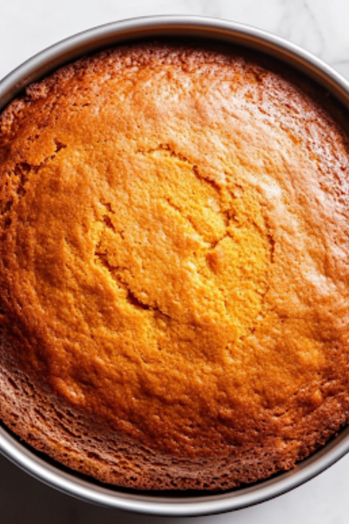 A close-up view of the cooled pumpkin cake on the white marble cooktop, as a thick layer of smooth cream cheese frosting is being spread evenly with a spatula. The creamy topping enhances the cake's moist texture, preparing it to be sliced into perfect bars.