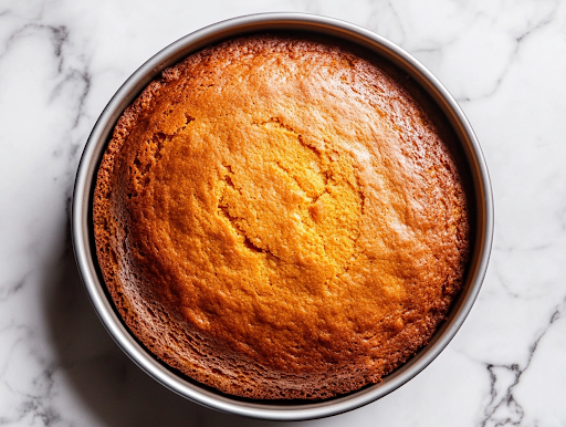 A close-up view of the cooled pumpkin cake on the white marble cooktop, as a thick layer of smooth cream cheese frosting is being spread evenly with a spatula. The creamy topping enhances the cake's moist texture, preparing it to be sliced into perfect bars.