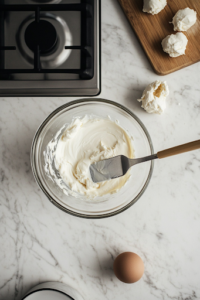 A glass mixing bowl on a white marble cooktop, with softened cream cheese being stirred with a spatula until smooth and creamy. The mixture is being prepared as the base for the crab dip.