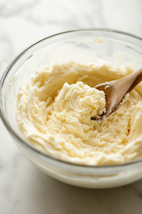 A close-up of a glass mixing bowl on a white marble cooktop, where softened butter and white sugar are being creamed together. A wooden spoon rests on the side of the bowl, showing the smooth, fluffy texture of the well-mixed ingredients.