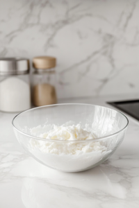 A close-up shot of a glass mixing bowl on the white marble cooktop, where softened butter, sugar, and vegetable oil are being creamed together using a hand mixer. The mixture appears light and airy, creating a fluffy base for the vanilla buttermilk pound cake.