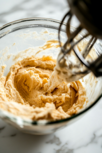 A close-up of a glass mixing bowl on a white marble cooktop, where softened butter and brown sugar are being creamed together. A hand mixer is partially visible in the frame, blending the ingredients into a smooth and fluffy mixture.