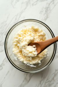 A close-up of a shiny glass mixing bowl on a white marble cooktop, where softened butter and caster sugar are being creamed together using a wooden spoon. The mixture turns light and fluffy, forming the base for the spiced currant cookies.
