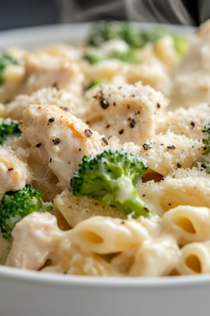 A plated serving of creamy garlic Parmesan chicken pasta, garnished with extra Parmesan cheese and cracked black pepper. Steam rises from the dish, while a fork twirls a bite of pasta, ready to be enjoyed.
