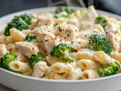 A plated serving of creamy garlic Parmesan chicken pasta, garnished with extra Parmesan cheese and cracked black pepper. Steam rises from the dish, while a fork twirls a bite of pasta, ready to be enjoyed.