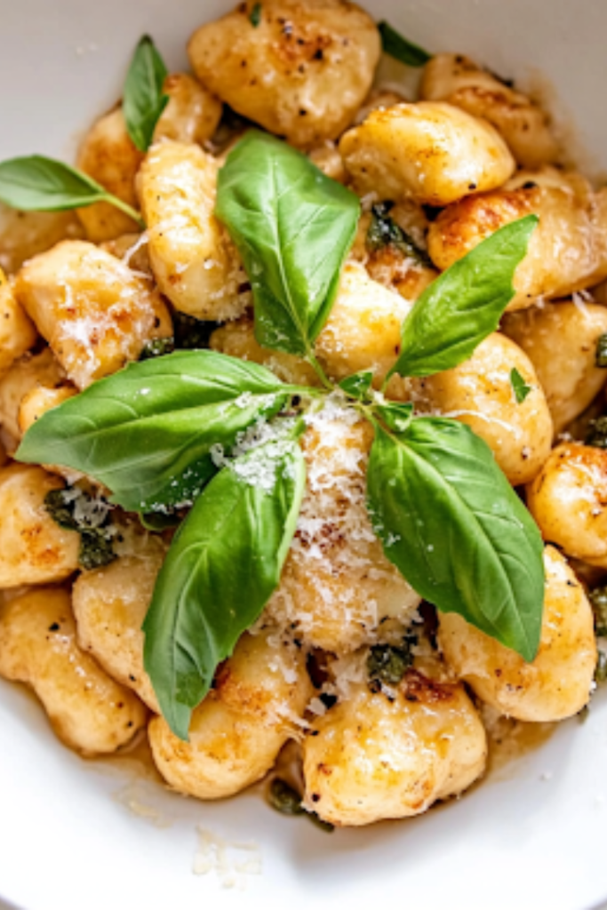The final plated dish on the white marble cooktop: a rustic white bowl filled with creamy lemon caper chicken piccata with gnocchi. Fresh basil leaves and extra parmesan shavings garnish the top. A fork rests on the side, ready for a delicious bite.