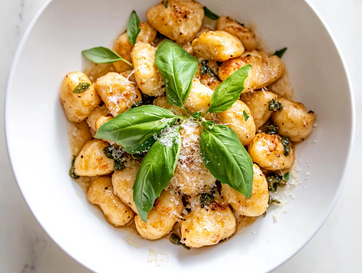 The final plated dish on the white marble cooktop: a rustic white bowl filled with creamy lemon caper chicken piccata with gnocchi. Fresh basil leaves and extra parmesan shavings garnish the top. A fork rests on the side, ready for a delicious bite.