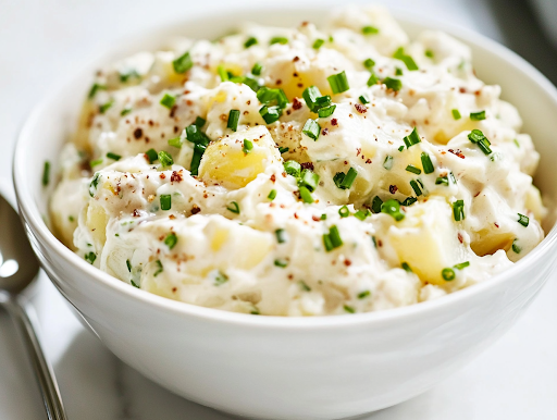 A close-up of a serving bowl on a white marble cooktop, filled with chilled, creamy potato salad. The dish is beautifully garnished with extra chopped chives, and a spoon rests beside the bowl, ready for serving.