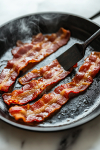A close-up shot of a black skillet on a white marble cooktop, where crispy bacon sizzles and turns golden brown. A spatula flips the pieces as delicate steam rises, emphasizing the crunchy texture and rich aroma.