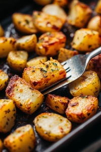 A close-up shot of a spatula flipping the crispy roasted potatoes halfway through baking. Some pieces already have a perfect golden crust, while others are still crisping up, ensuring an even texture on all sides.