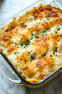 A close-up shot of the finished cheesy scalloped potatoes in the glass baking dish on the white marble cooktop. The top is crispy and golden, while gooey cheese oozes between the tender potato layers. A serving spoon is ready to scoop a warm, cheesy portion onto a plate.