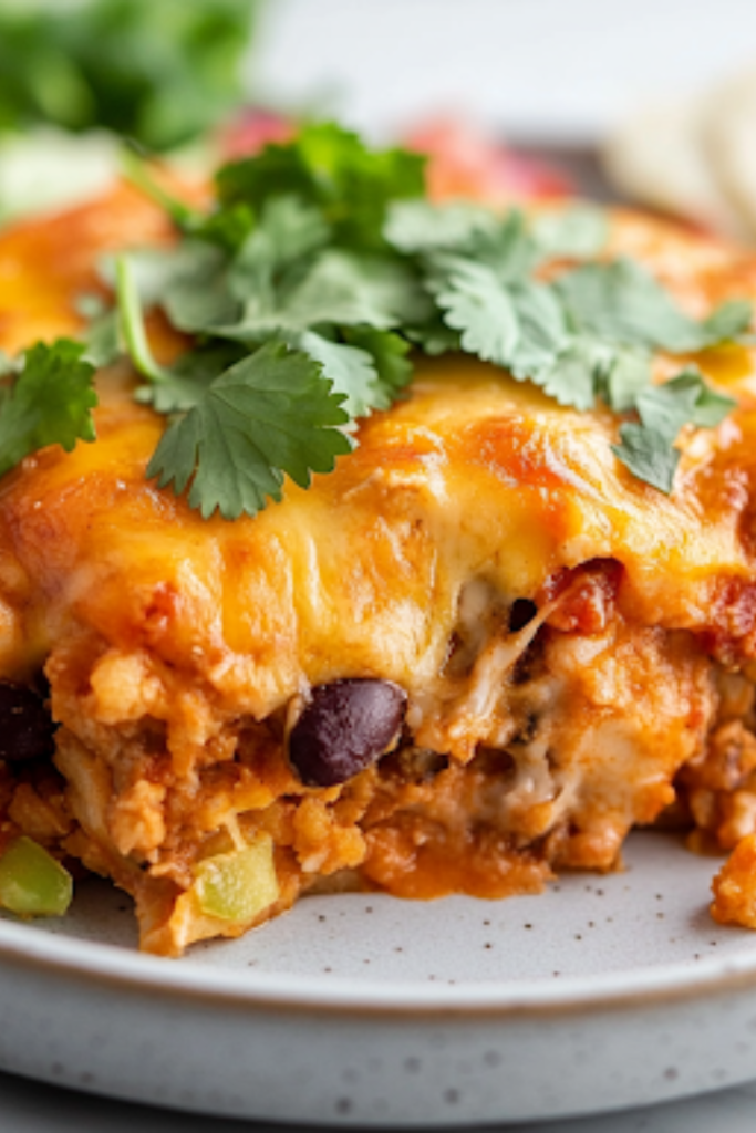 A close-up shot of a serving of cheesy taco hash brown casserole on a plate, placed on the white marble cooktop. The dish is topped with fresh cilantro and served alongside warm tortillas and a fresh salad, making it a comforting and satisfying meal, ready to enjoy.